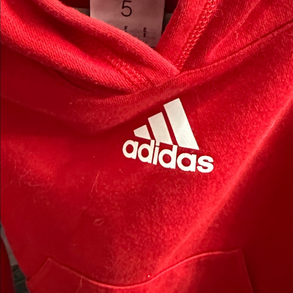adidas Red Kids Hoodie with White 3-Stripe Detail - Picture 5 of 5